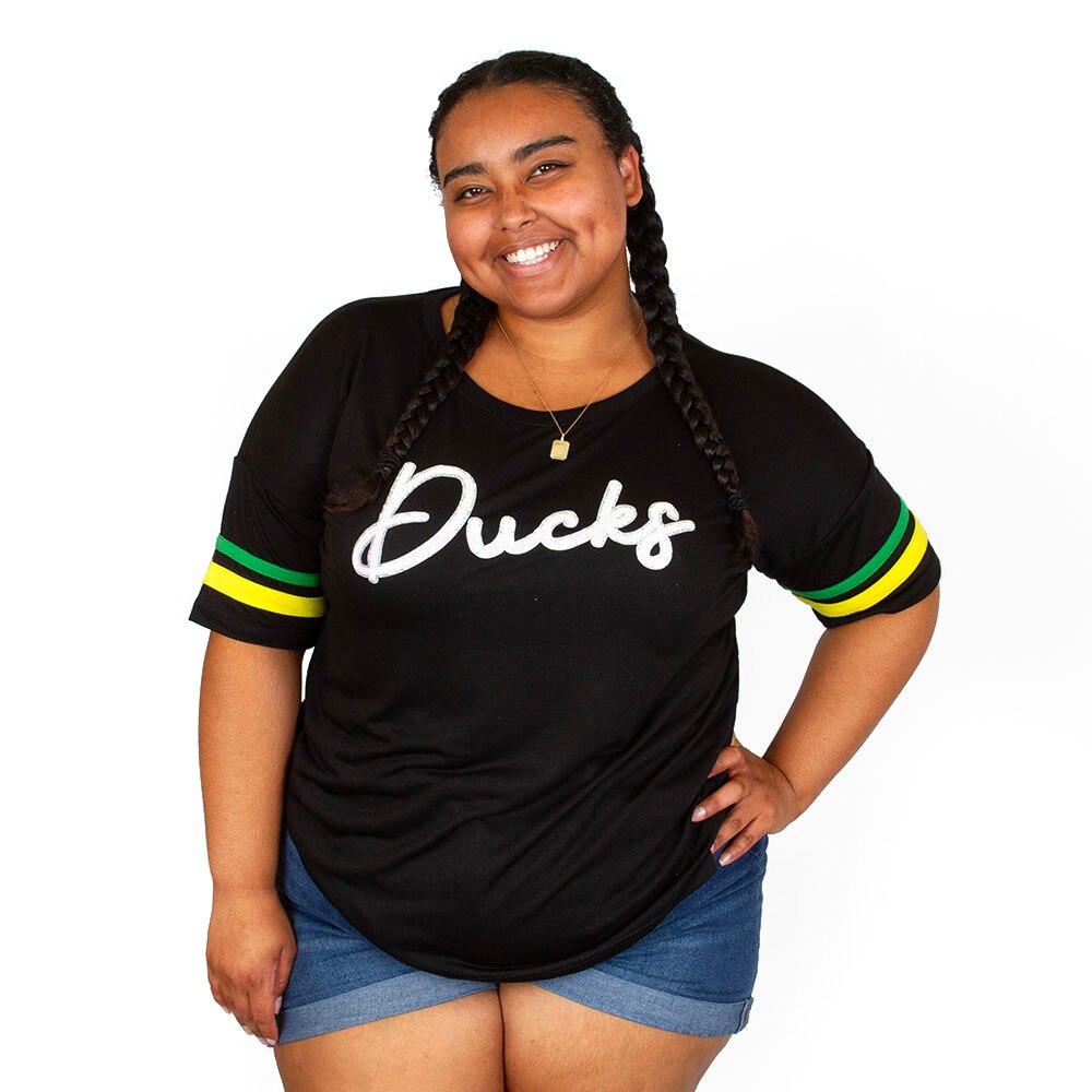 Ducks Spirit, Colosseum, Black, Crew Neck, Polyester Blend, Women, Stripe Sleeve, Oversized, T-Shirt, 954271